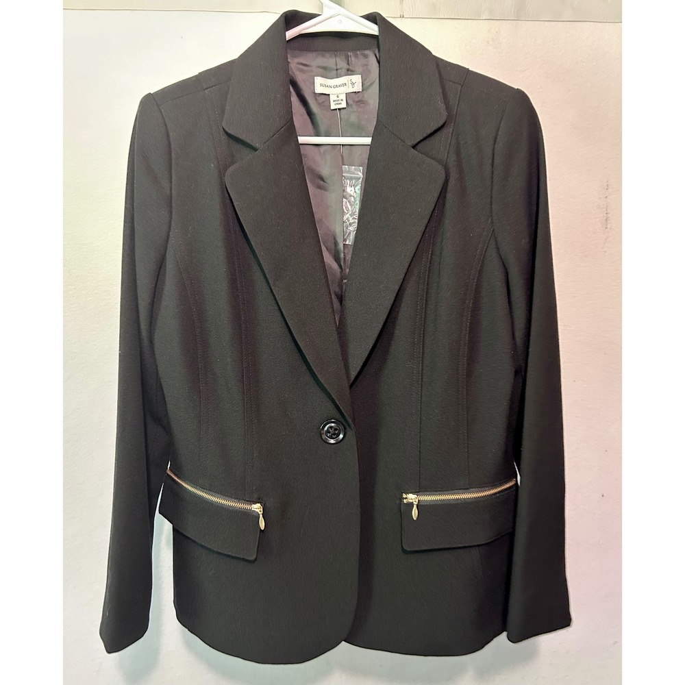 Susan Graver SG Women's Size 6 Sport Black Blazer Gold Zipper Detail Jacket